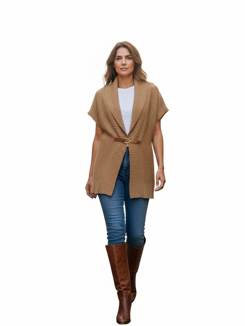 Chaps Tan Short-Sleeve Shawl Collar Cardigan with Decorative Buckle